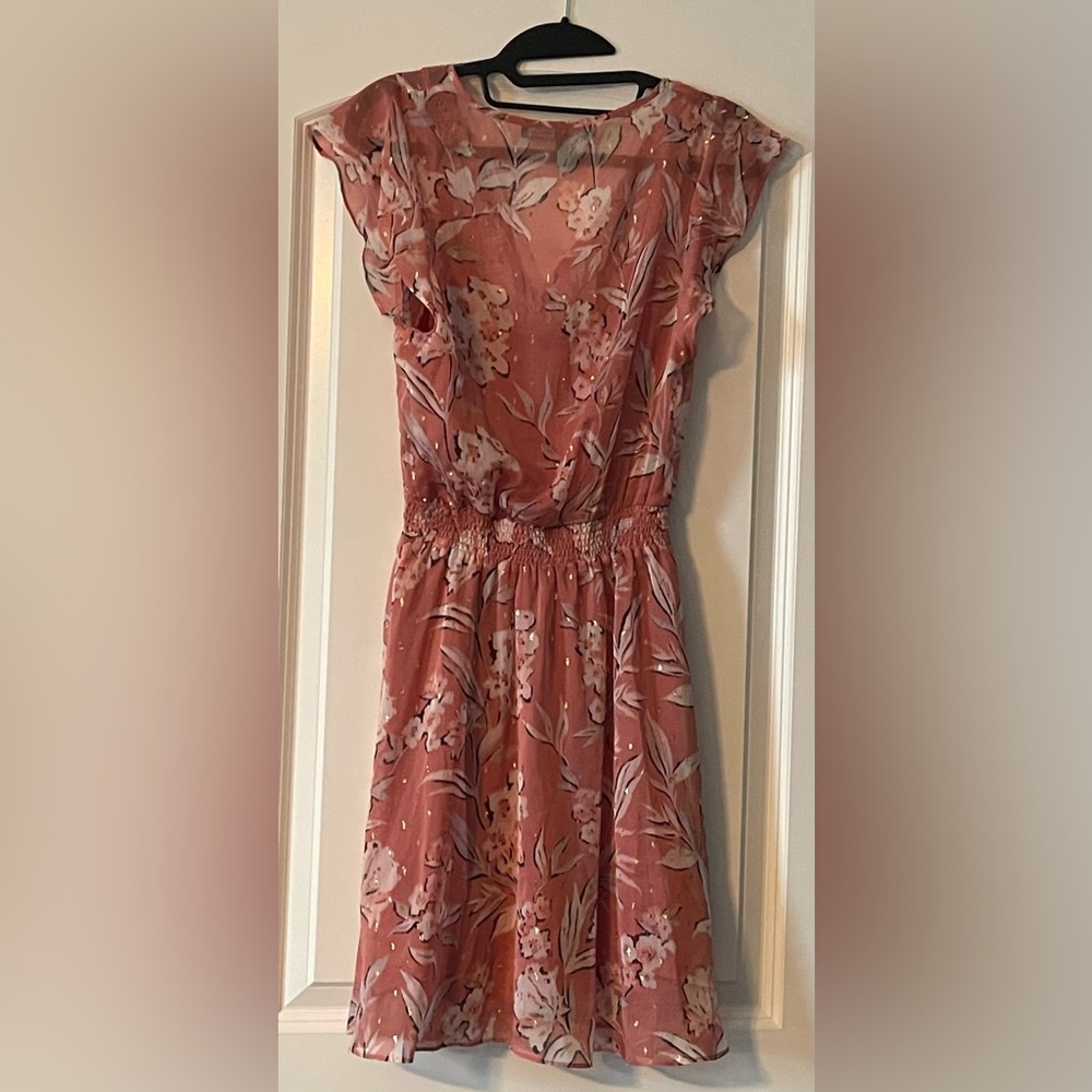WHBM - White House Black Market - Peachy Pink Shimmer Flutter Sleeve Mini Dress - Picture 2 of 5